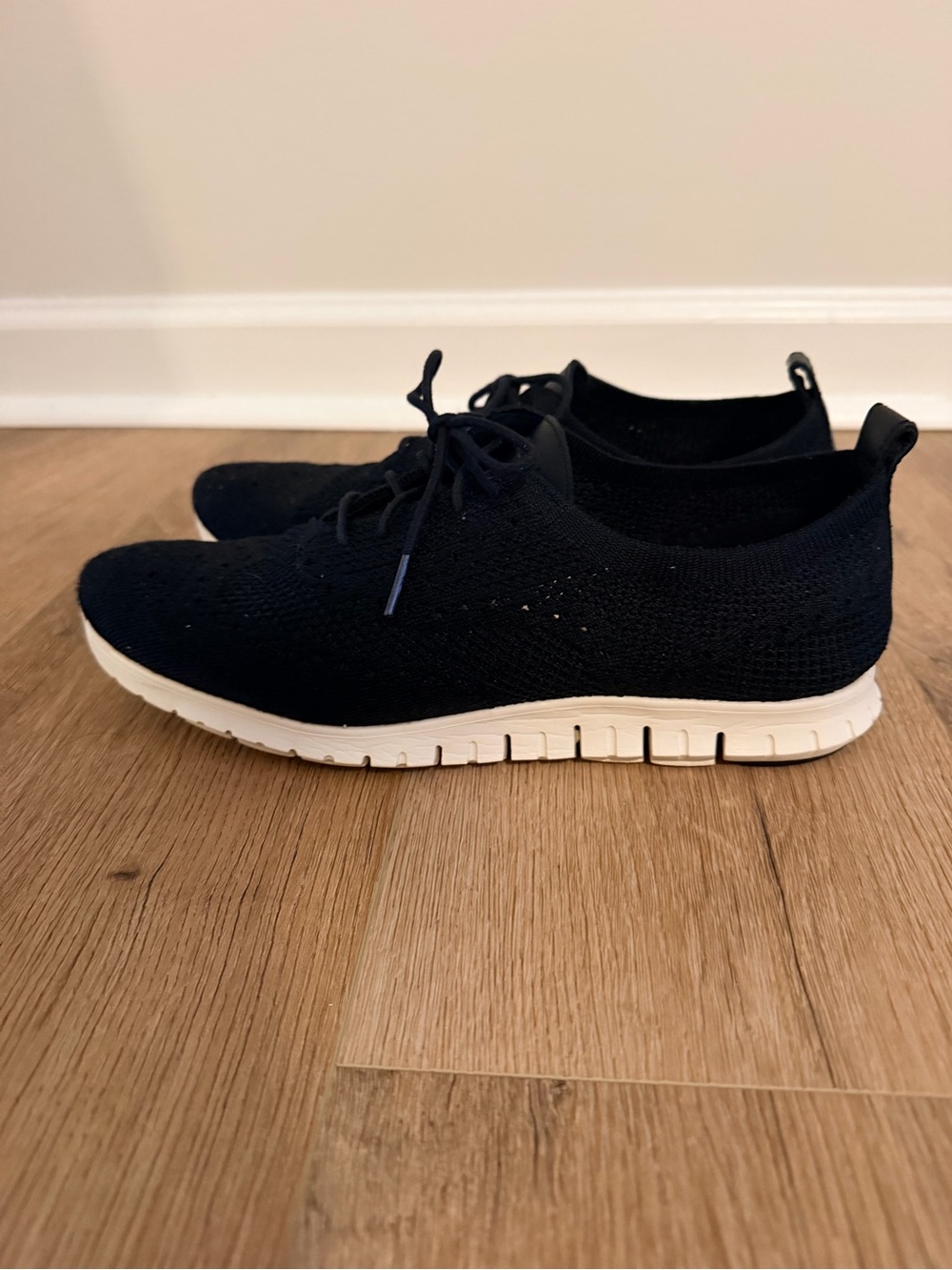 Cole Haan Women's Black Knit Lace-Up Flats with White Sole